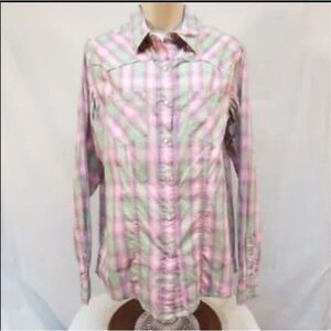 Cruel Arena Fit Western Pink Mint Plaid Distressed Pearl Snap Shirt NWT Size XL